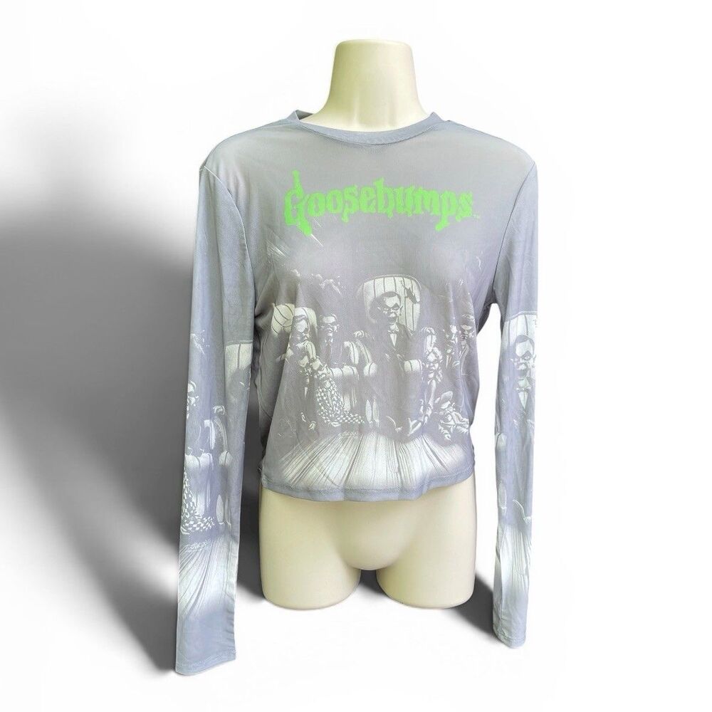 Y2K Horrorcore Goosebumps Slappy Mesh Crop Top Long Sleeve Goth Grunge Size M